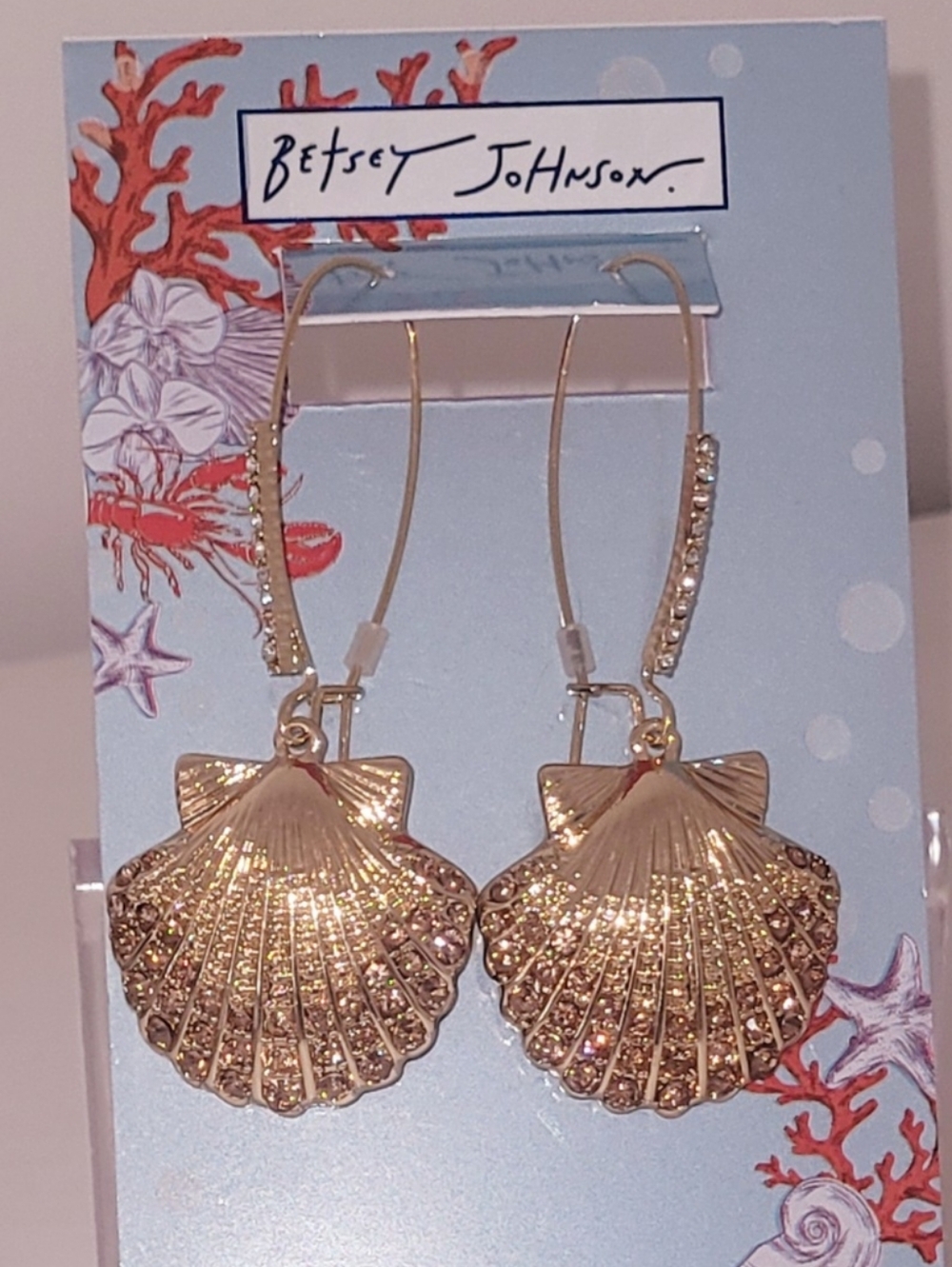 Betsey Johnson Gold Shell Dangle Earrings with Sparkle Accents